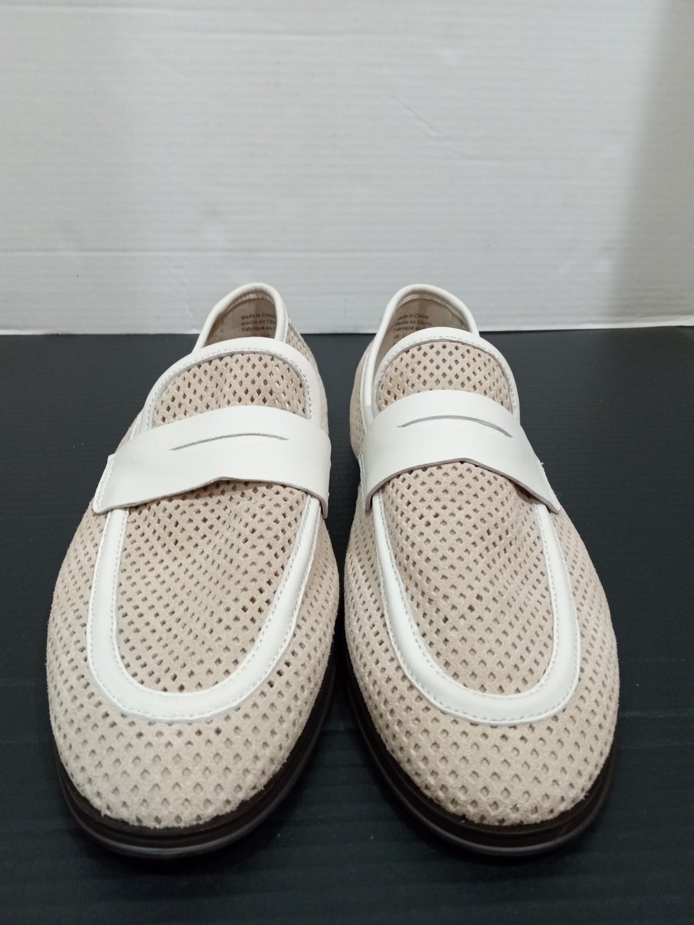 Aldo Beige Mesh Slip-Ons with White Strap Trim